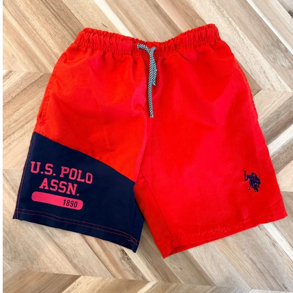 US‎ Polo Assn Boys 6-7 Red Blue Color Block Swim Trunks Shorts Pony Preppy Vacay